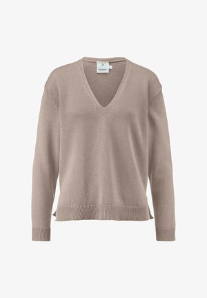 V-hals trui van zacht beige breiwerk. Voorzien van geribde manchetten, zoom en zijsplitsen. Etiket zichtbaar bij de halslijn. Eenvoudig, relaxed fit ontwerp.