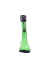 Botte de pluie en caoutchouc verte avec un bord tricoté gris, dotée d'une semelle noire et d'œillets pour la fermeture à lacets. Surface lisse et design haut et arrondi.