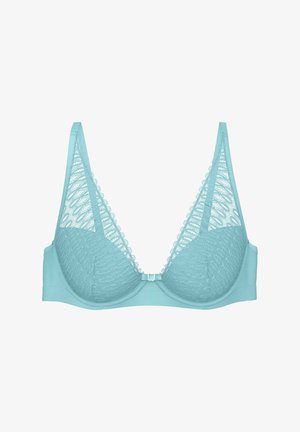 Teal kant beha met een triangulaire vorm, voorzien van gebruiksrijke cups, doorzichtige kantpanelen en verstelbare banden. Sluiting aan de voorkant met hardware.