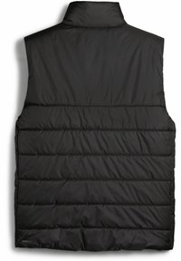 Sort puffer vest, ærmeløs design med høj krave, der har vandrette quiltede sektioner og en "WARMCELL"-label nederst.