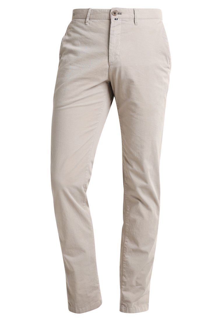 Helle beige Hose aus einem Baumwollmischgewebe. Gerade geschnittenes Design mit einem vorderen Knopfverschluss und seitlichen Taschen. Glatte Textur.