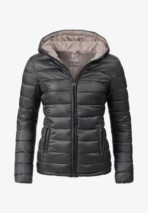 Giubbotto puffo nero con cappuccio, design trapuntato, chiusura frontale con zip e due tasche laterali. Interno foderato in tessuto beige chiaro.