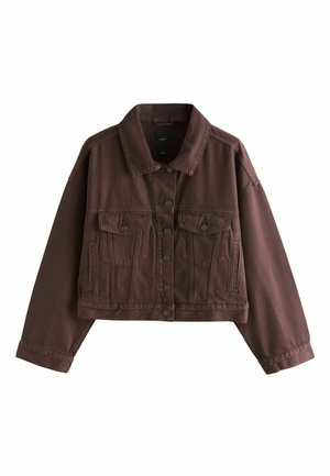 Braune, kurze Jeansjacke mit Knopfleiste, Klappentaschen auf der Brust, Seitentaschen und langen Ärmeln.