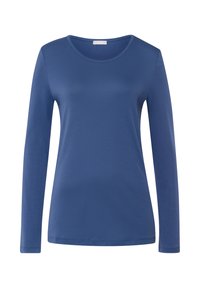Camiseta de manga larga y cuello redondo en un azul oscuro sólido. Fabricada con una tela suave y elástica, con una silueta ajustada y un dobladillo simple.