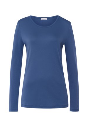 Langärmliges T-Shirt mit rundem Halsausschnitt in tiefblau. Hergestellt aus einem glatten, elastischen Stoff mit einer figurbetonten Silhouette und einfachem Saum.