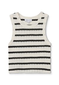 Top in maglia bianca con righe orizzontali nere, caratterizzato da una texture a coste e un collo rotondo. Etichetta con la scritta "B ❤ ANGEL" all'interno.