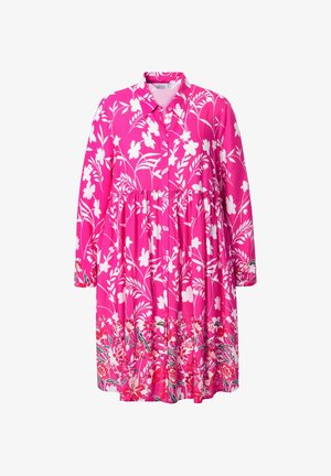 Rosa Blumenkleid mit langen Ärmeln und Knopfkragen. Besitzt weiße Blumen und grüne Akzente, gerafft in der Taille, knielang.