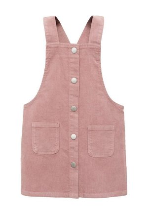 Robe salopette en velours côtelé rose avec bretelles réglables, boutons devant et deux poches plaquées. Tissu texturé avec une finition douce.