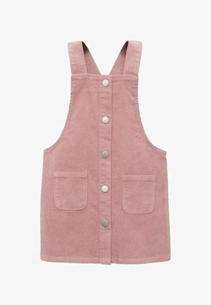 Abito a salopette in corduroy rosa con spalline regolabili, bottoni frontali e due tasche applicate. Tessuto texturizzato con una finitura morbida.