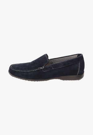 Marineblauer Wildlederschuh zum Hineinschlüpfen mit weißer Naht, runder Spitze und strukturiertem Gummisohle. Innen befindet sich ein gefüttertes Streifenmuster.