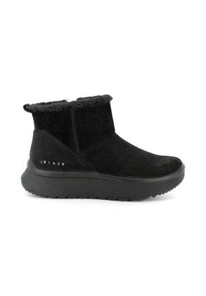 Stivali neri alla caviglia con texture in suede, fodera in pelliccia soffice e suola in gomma spessa; presenta un sottile dettaglio del logo sul lato.
