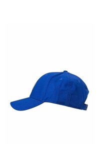 Blaue Baumwollmütze mit gebogenem Schirm, die an der Vorderseite ein gesticktes Logo und einen verstellbaren Riemen hinten für die Passform hat.