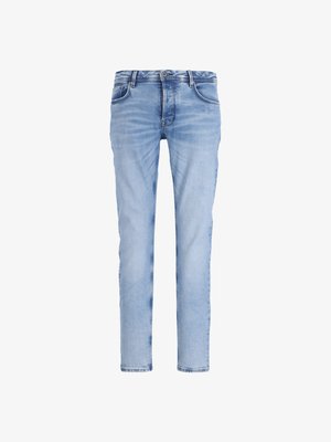 Šviesiai mėlyni džinsai, slim fit kirpimo, penkių kišenių dizaino, su šiek tiek išblukusiu efektu. Yra mygtukas ir užtrauktukas. Tiesios kojos formos.