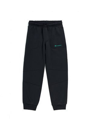 Schwarze Champion-Jogginghose mit elastischem Bund, Kordelzug, Vordertaschen, Nahtdetails am Knie und gesticktem Logo am linken Oberschenkel.