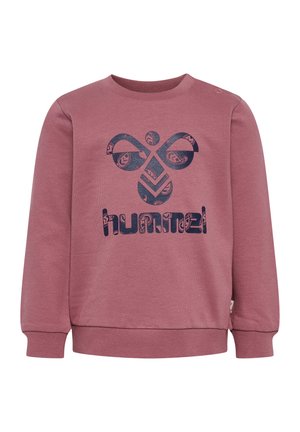 Roze sweatshirt met lange mouwen, geribbelde halslijn en boorden. Heeft een grote marineblauwe grafische print en subtiele textuur.