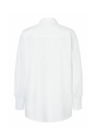 Witte lange mouwen shirt met een standaard kraag, smockmanchetten en een gladde textuur. De achterkant toont een eenvoudig ontwerp en een relaxte pasvorm.