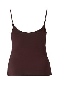 Bordeauxrood mouwloos tanktop gemaakt van zachte stof, met een V-hals en dunne verstelbare bandjes, een gladde textuur en een aansluitend model.