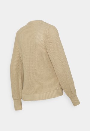 Sweater de malha bege com decote redondo, tecido texturizado, punhos e bainha canelados, e um corte descontraído. A vista traseira mostra pontos suaves e uma estrutura organizada.