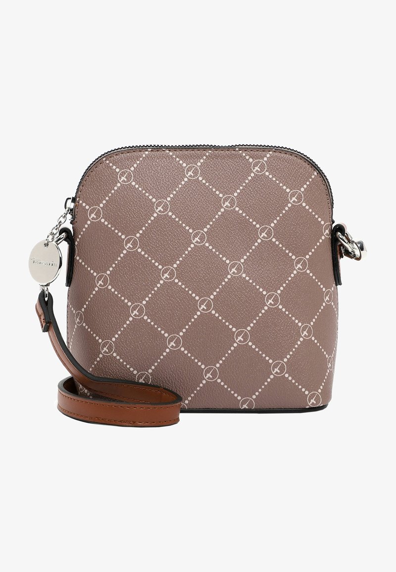 Borsa a tracolla in pelle marrone con motivo trapuntato, cuciture bianche, chiusura a zip e tracolla marrone staccabile. Presenta un'etichetta con logo metallico.