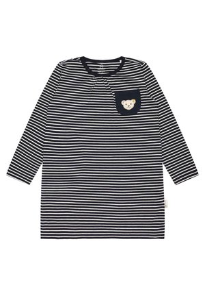 Abito lungo a maniche lunghe a righe navy e bianche, dotato di una tasca con ricamo di una faccia di orso. Tessuto morbido con una vestibilità comoda.
