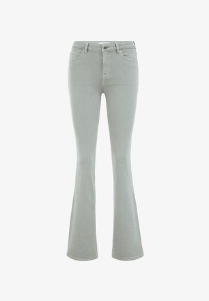 Lichtgrijze flared jeans met een middelhoge taille, vijf zakken en zichtbare stiksels. Gemaakt van denim met een zachte textuur.