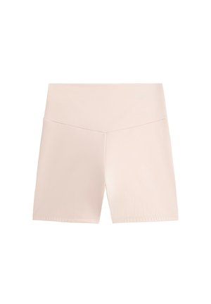 Lichtroze high-waisted fietsbroekjes met een gladde textuur, voorzien van een platte tailleband en minimale naden voor een gestroomlijnd ontwerp.
