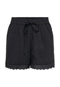 Pantaloni corti neri realizzati in tessuto testurizzato, dotati di una cintura elastica con coulisse e di un orlo ondulato decorato con dettagli a occhiello.