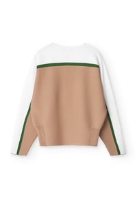 Pullover in maglia con corpo beige, maniche bianche e striscia orizzontale verde. Tessuto testurizzato, vestibilità rilassata, spacco ai lati, polsini a coste.