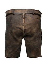 Pantalones cortos de cuero marrón con una textura desgastada, una cintura con presillas para cinturón y bolsillos laterales. Cuenta con un cordón y botones en el lateral.