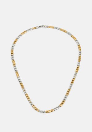 Collana a catena con anelli alternati in tonalità oro e argento. Il design è piatto, con una texture liscia e un robusto gancio di chiusura.