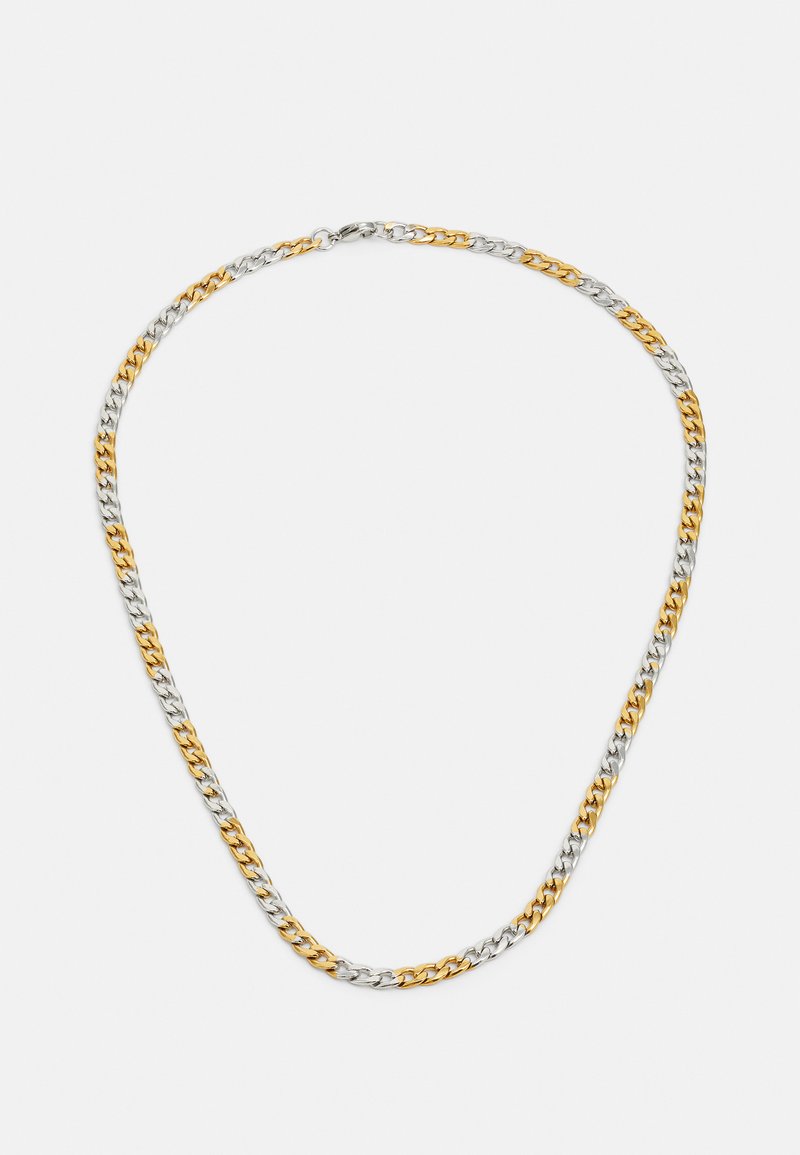 Collier en chaîne avec des maillons alternant entre ton or et ton argent. Le design est plat avec une texture lisse et un fermoir solide.