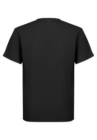 Camiseta de algodón negra con mangas cortas y cuello redondo. Textura suave, diseño simple sin impresiones ni adornos visibles.
