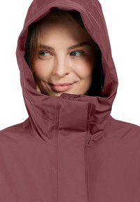 Bordeauxroter wasserdichter Mantel mit hohem Kragen und verstellbarem Kapuzen. Glatte Textur und minimalistisches Design ohne sichtbare Hardware.