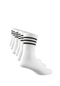 Weiße Sportsocken mit gestreiften schwarzen Akzenten an den gerippten Bündchen. Weicher Stoff und knöchellange Ausführung. Fünf Paar im Pack.