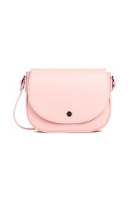 Borsa a tracolla in pelle rosa con pattina arrotondata, dettaglio del logo e tracolla rimovibile. Superficie testurizzata e design minimalista.