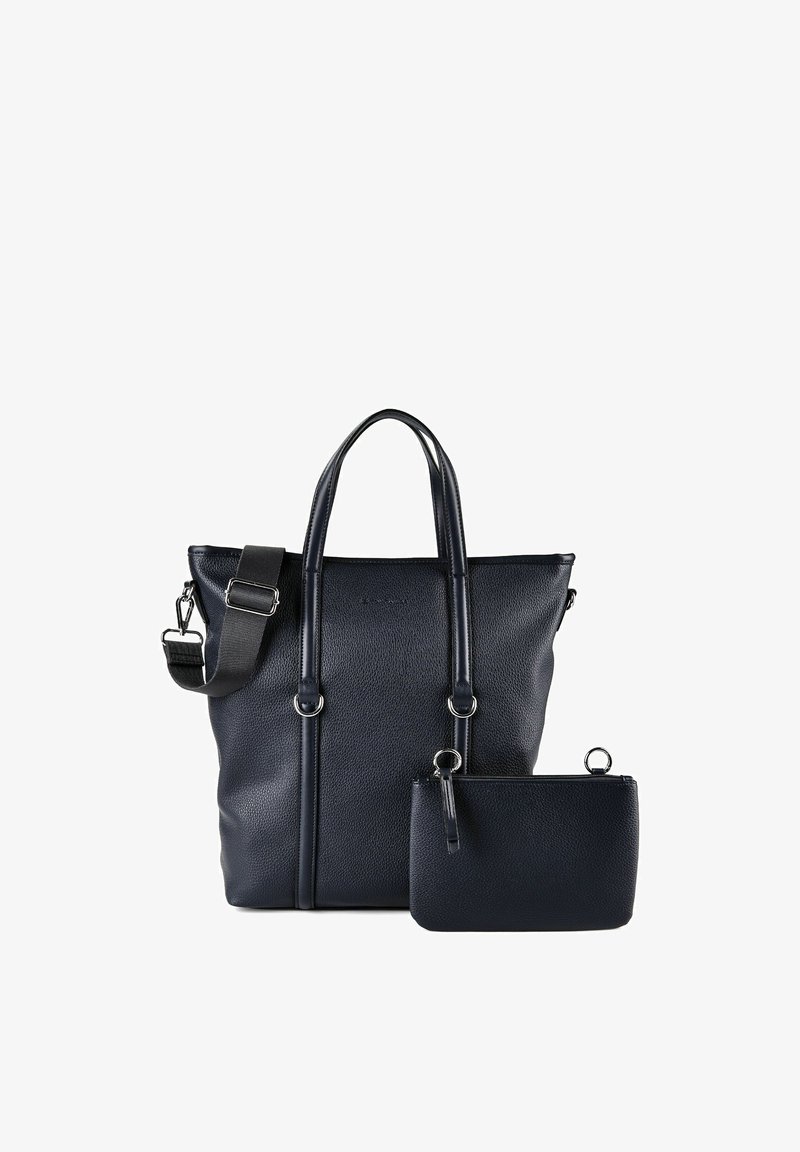Sac fourre-tout en cuir noir avec double poignée et bandoulière réglable, accompagné d'une petite pochette noire assortie à fermeture éclair.