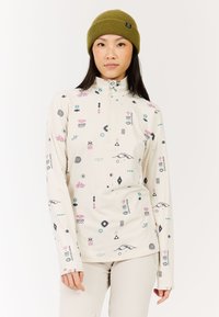 Svetlobežová dlhá rukávová blúzka s vysokým golierom, na ktorej sa nachádzajú rôzne farebné geometrické a prírodou inšpirované vzory.