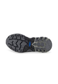 Semelle de chaussure en caoutchouc noire et grise avec une surface texturée et un motif de traction multidirectionnel. Présente un accent logo bleu au centre.