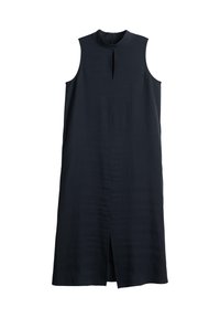 Navyblaues ärmelloses Kleid mit hohem Kragen, Schlitz vorne und Schlüsselelement. Glatte Textur mit minimalistischem Design und lockerer Passform.
