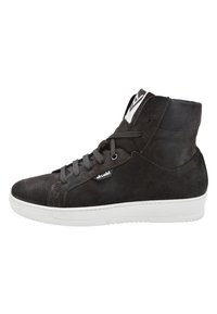 Czarne półwyższe sneakersy z zamszu, z szarymi sznurówkami i białą gumową podeszwą. Posiadają logo po boku oraz wyściełany kołnierz dla lepszego wsparcia.