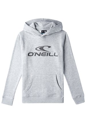Šedá mikina s kapucňou vyrobená z mäkkej látky; má predné vrecko, rebrované manžety a lem; výrazne zobrazuje čierne logo O'Neill.