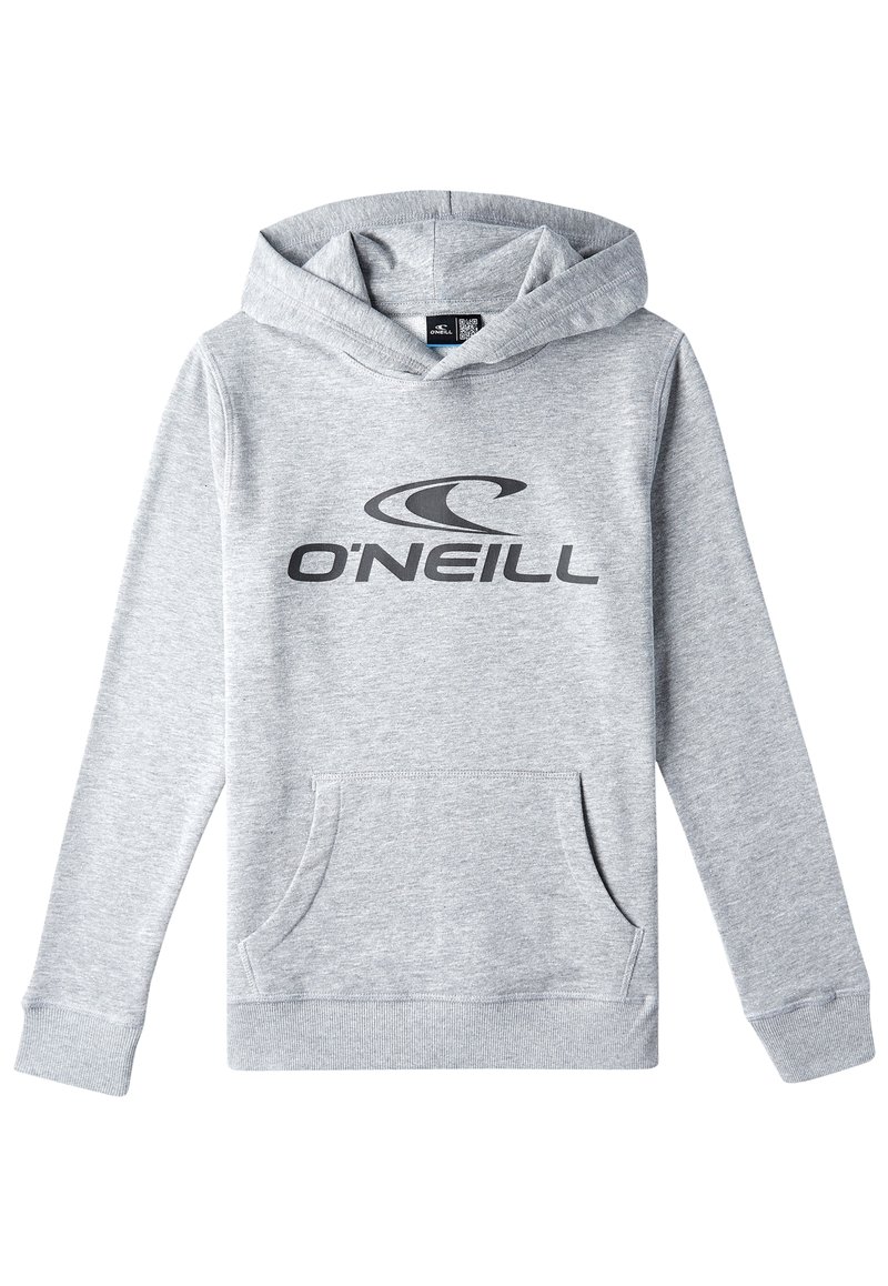 Sudadera gris de tela suave; presenta un bolsillo frontal, puños y bajo acanalados; muestra de manera prominente el logo de O'Neill en negro.