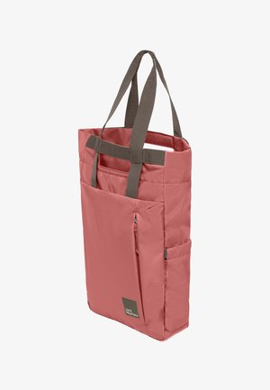 Borsa a mano in tessuto rosa con due ampie maniglie, tasca frontale con zip e motivo cucito. Presenta un patch del logo in un colore a contrasto.