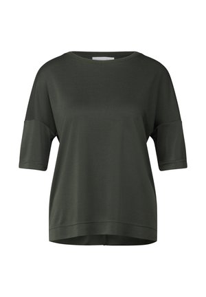 Haut court à manches courtes de couleur vert foncé avec un col rond, coupe décontractée et un ourlet légèrement incurvé. Texture lisse avec des détails de couture minimaux.