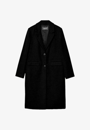 Sort uldoverfrakke med en struktureret krave, to forlommer og to knapper. Har en glat inderside og en lige silhuet.