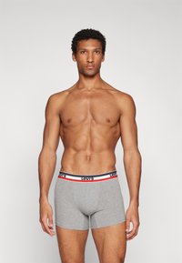 Grijze boxershorts met een witte, rode en blauwe elastische band met het label "Levi's." De stof lijkt glad en aansluitend, ontworpen voor comfort.