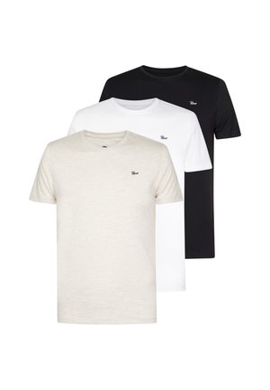 Three short-sleeve t-shirts in beige, white, and black cotton. Each features a round neckline and a small logo on the chest.