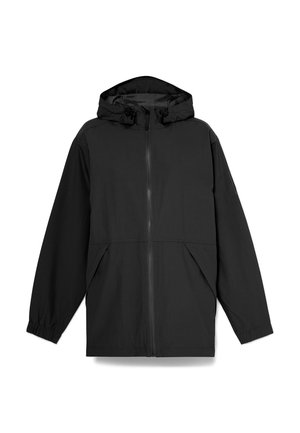 Giacca nera con zip e cappuccio, maniche lunghe e polsini elastici. Realizzata in tessuto leggero, presenta due tasche anteriori e un design minimalista.