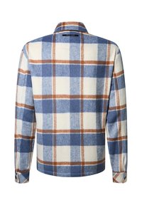 Flanellhemd in Creme, Blau und Braun kariert; mit Kragen, langen Ärmeln und geknöpften Manschetten sowie weicher Textur.