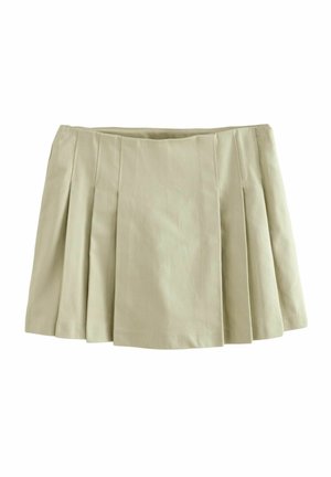 Jupe plissée beige en tissu léger. Elle présente une taille ajustée et de multiples plis marqués, créant une silhouette évasée.